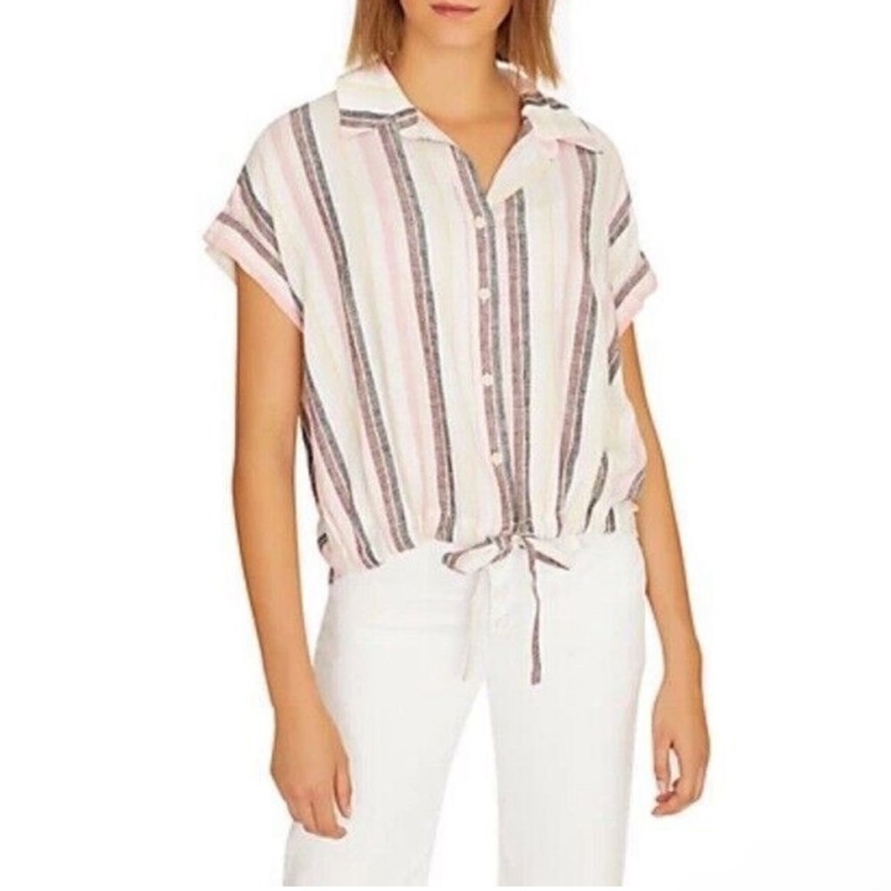 Sanctuary Borrego Linen Pastel Tie Front Striped Button Down Shirt S